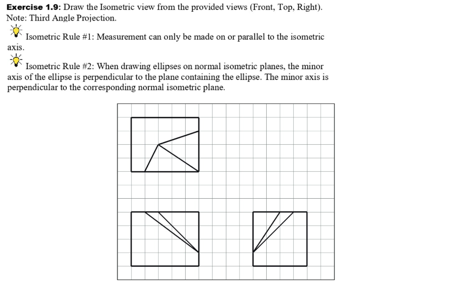 Exercise 1.9: Draw the Isometric view from the provided views (Front, Top, Right).
Note: Third Angle Projection.
Isometric Rule # 1: Measurement can only be made on or parallel to the isometric
axis.
Isometric Rule # 2: When drawing ellipses on normal isometric planes, the minor
axis of the ellipse is perpendicular to the plane containing the ellipse. The minor axis is
perpendicular to the corresponding normal isometric plane.