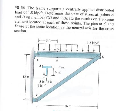 *8-36 The frame supports a centrally applied distributed
load of 1.8 kip/ft. Determine the state of stress at points A
and B on member CD and indicate the results on a volume
element located at each of these points. The pins at C and
D are at the same location as the neutral axis for the cross
section.
12 ft
с
A
B
3 in. 3 in.
1 in.
B
1.5 in.
6 in.
E
16 ft-
1.8 kip/ft
D