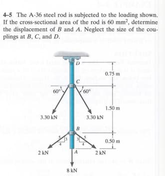 4-5 The A-36 steel rod is subjected to the loading shown.
If the cross-sectional area of the rod is 60 mm², determine
the displacement of B and A. Neglect the size of the cou-
plings at B, C, and D.
60°
3.30 KN
2 kN
D
C
B
A
8 kN
60⁰
3.30 KN
0.75 m
1.50 m
0.50 m
2 kN