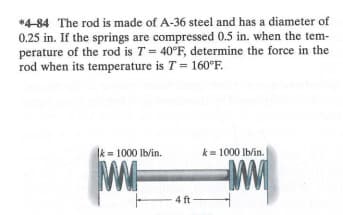 *4-84 The rod is made of A-36 steel and has a diameter of
0.25 in. If the springs are compressed 0.5 in. when the tem-
perature of the rod is T = 40°F, determine the force in the
rod when its temperature is T = 160°F.
k= 1000 lb/in.
MM-
4ft
k = 1000 lb/in.
WW