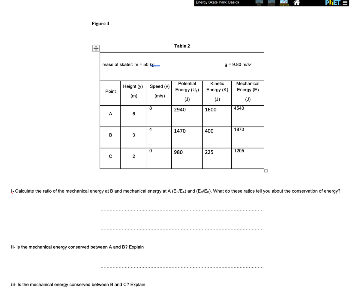 Energy Skate Park: Basics
PHET. =
Playground
Figure 4
Table 2
mass of skater: m = 50 kg,
g = 9.80 m/s2
Potential
Kinetic
Mechanical
Height (y)
Speed (v)
Point
Energy (Ug)
Energy (K)
Energy (E)
(m)
(m/s)
(J)
(J)
(J)
8
2940
1600
4540
A
4
1470
400
1870
В
980
225
1205
2
i- Calculate the ratio of the mechanical energy at B and mechanical energy at A (EB/EA) and (E/EB). What do these ratios tell you about the conservation of energy?
ii- Is the mechanical energy conserved between A and B? Explain
iii- Is the mechanical energy conserved between B and C? Explain
