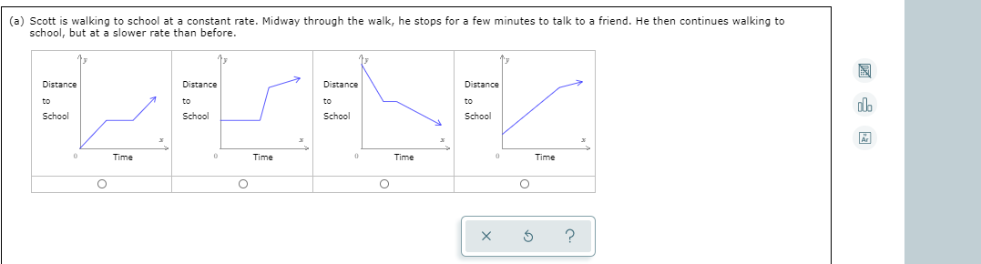 (a) Scott is walking to school at a constant rate. Midway through the walk, he stops for a few minutes to talk to a friend. He then continues walking to
school, but at a slower rate than before.
Distance
Distance
Distance
Distance
to
to
to
to
School
School
School
School
Time
Time
Time
Time
