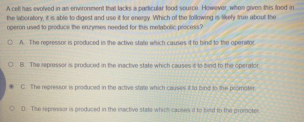 A cell has evolved in an environment that lacks a particular food source. However, when given this food in
the laboratory, it is able to digest and use it for energy. Which of the following is likely true about the
operon used to produce the enzymes needed for this metabolic process?
O A The repressor is produced in the active state which causes it to bind to the operator.
B The repressor is produced in the inactive state which causes it to bind to the operator.
C The repressor is produced in the active state which causes it to bind to the promoter.
O D The repressor is produced in the inactive state which causes it to bind to the promoter.
券
