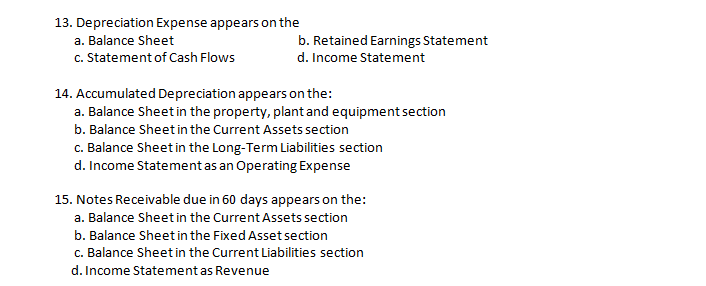 13. Depreciation Expense appears on the
a. Balance Sheet
b. Retained Earnings Statement
c. Statement of Cash Flows
d. Income Statement
14. Accumulated Depreciation appears on the:
a. Balance Sheet in the property, plant and equipment section
b. Balance Sheet in the Current Assets section
c. Balance Sheet in the Long-Term Liabilities section
d. Income Statement as an Operating Expense
15. Notes Receivable due in 60 days appears on the:
a. Balance Sheet in the Current Assets section
b. Balance Sheet in the Fixed Asset section
C. Balance Sheet in the Current Liabilities section
d. Income Statement as Revenue
