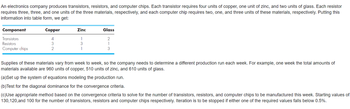 An electronics company produces transistors, resistors, and computer chips. Each transistor requires four units of copper, one unit of zinc, and two units of glass. Each resistor
requires three, three, and one units of the three materials, respectively, and each computer chip requires two, one, and three units of these materials, respectively. Putting this
information into table form, we get:
Component
Copper
Zinc
Glass
Transistors
4
1
Resistors
3
Computer chips
2
3
Supplies of these materials vary from week to week, so the company needs to determine a different production run each week. For example, one week the total amounts of
materials available are 960 units of copper, 510 units of zinc, and 610 units of glass.
(a)Set up the system of equations modeling the production run.
(b)Test for the diagonal dominance for the convergence criteria.
(c)Use appropriate method based on the convergence criteria to solve for the number of transistors, resistors, and computer chips to be manufactured this week. Starting values of
130,120,and 100 for the number of transistors, resistors and computer chips respectively. Iteration is to be stopped if either one of the required values falls below 0.5%.
