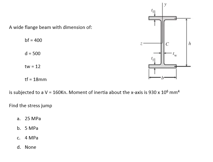 A wide flange beam with dimension of:
bf = 400
d = 500
tw = 12
tf = 18mm
C
is subjected to a V = 160Kn. Moment of inertia about the x-axis is 930 x 105 mm²
Find the stress jump
a. 25 MPa
b. 5 MPa
c. 4 MPa
d. None
h