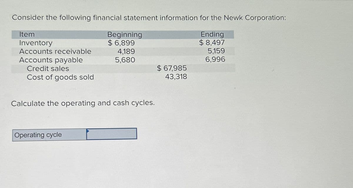 Consider the following financial statement information for the Newk Corporation:
Item
Inventory
Beginning
$ 6,899
Ending
$8,497
Accounts receivable
4,189
5,159
Accounts payable
5,680
6,996
Credit sales
$ 67,985
Cost of goods sold
43,318
Calculate the operating and cash cycles.
Operating cycle