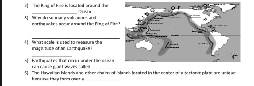 2) The Ring of Fire is located around the
Ocean.
3) Why do so many volcanoes and
earthquakes occur around the Ring of Fire?
4) What scale is used to measure the
magnitude of an Earthquake?
5) Earthquakes that occur under the ocean
can cause giant waves called
6) The Hawaiian Islands and other chains of islands located in the center of a tectonic plate are unique
because they form over a
