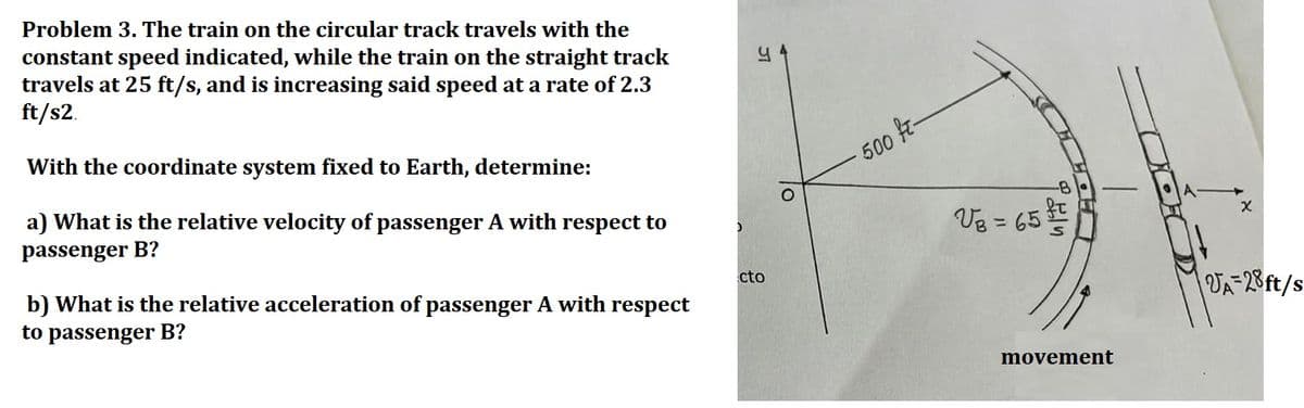 Problem 3. The train on the circular track travels with the
constant speed indicated, while the train on the straight track
travels at 25 ft/s, and is increasing said speed at a rate of 2.3
ft/s2
With the coordinate system fixed to Earth, determine:
a) What is the relative velocity of passenger A with respect to
passenger B?
b) What is the relative acceleration of passenger A with respect
to passenger B?
cto
O
500 ft-
VB = 65 ft
movement
UCH
V₁ = 28 ft/s