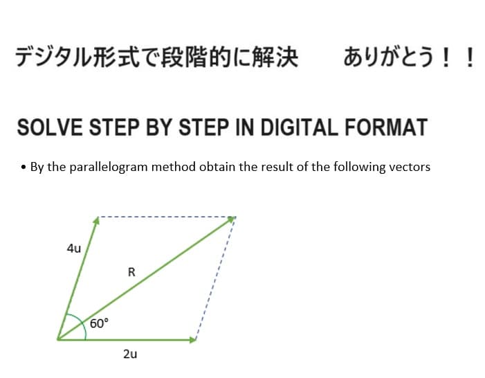 デジタル形式で段階的に解決
SOLVE STEP BY STEP IN DIGITAL FORMAT
• By the parallelogram method obtain the result of the following vectors
4u
60°
ありがとう!!
R
2u