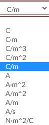 C/m
C с
C.m
C/m^3
C/m^2
C/m
A
A.m^2
A/m^2
A/m
A/s
N•m^2/C