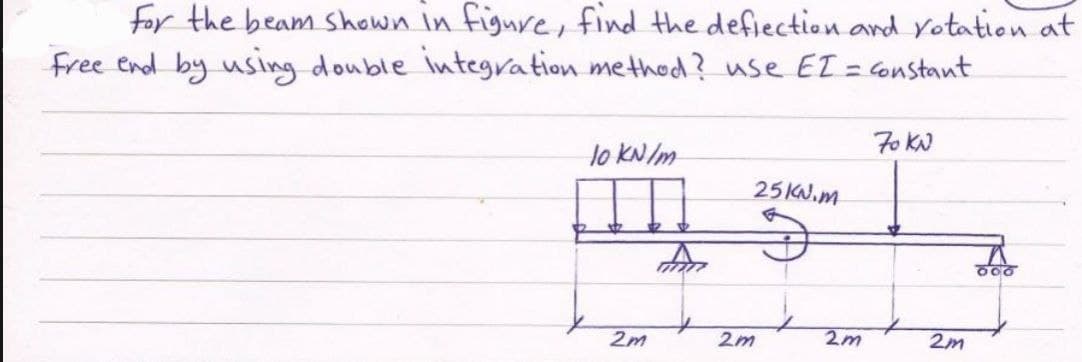 for the beam shown in figure, find the deflection and rotation at
Free end by using double integration method? use EI = constant
70 KN
10 kN/m
25KN.m
2m
A
2m
2m
2m
000