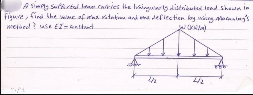 A Simply supported beam carries the traingularly distributed load shown in
figure, find the value of max rotation and max deflection by using Macaulay's
method? use EZ = constant
W (KN/m)
800
412
4/2
30/14