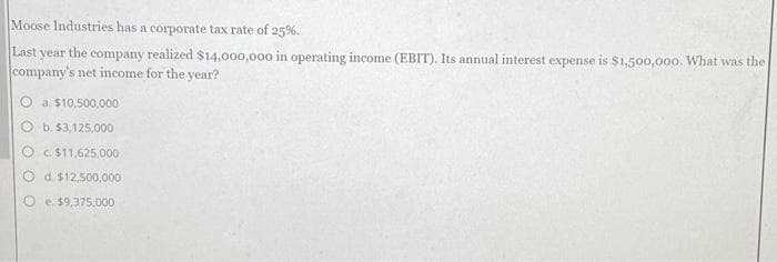 Moose Industries has a corporate tax rate of 25%.
Last year the company realized $14,000,000 in operating income (EBIT). Its annual interest expense is $1,500,000. What was the
company's net income for the year?
a. $10,500,000
b. $3,125,000
c. $11,625,000
d. $12,500,000
Oe. $9,375,000