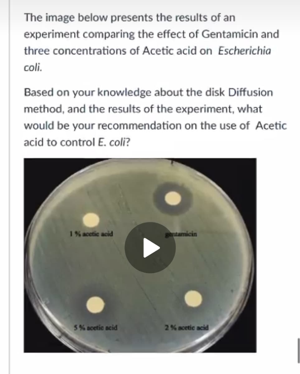 The image below presents the results of an
experiment comparing the effect of Gentamicin and
three concentrations of Acetic acid on Escherichia
coli.
Based on your knowledge about the disk Diffusion
method, and the results of the experiment, what
would be your recommendation on the use of Acetic
acid to control E. coli?
1% acetic acid
5% acetic acid
gentamicin
2% acetic acid