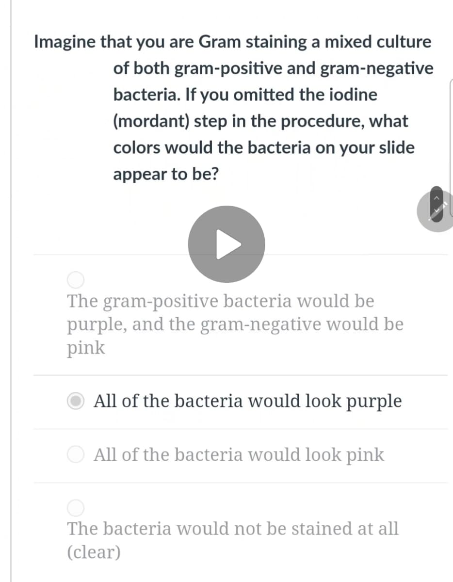 Imagine that you are Gram staining a mixed culture
of both gram-positive and gram-negative
bacteria. If you omitted the iodine
(mordant) step in the procedure, what
colors would the bacteria on your slide
appear to be?
►
The gram-positive bacteria would be
purple, and the gram-negative would be
pink
All of the bacteria would look purple
All of the bacteria would look pink
The bacteria would not be stained at all
(clear)