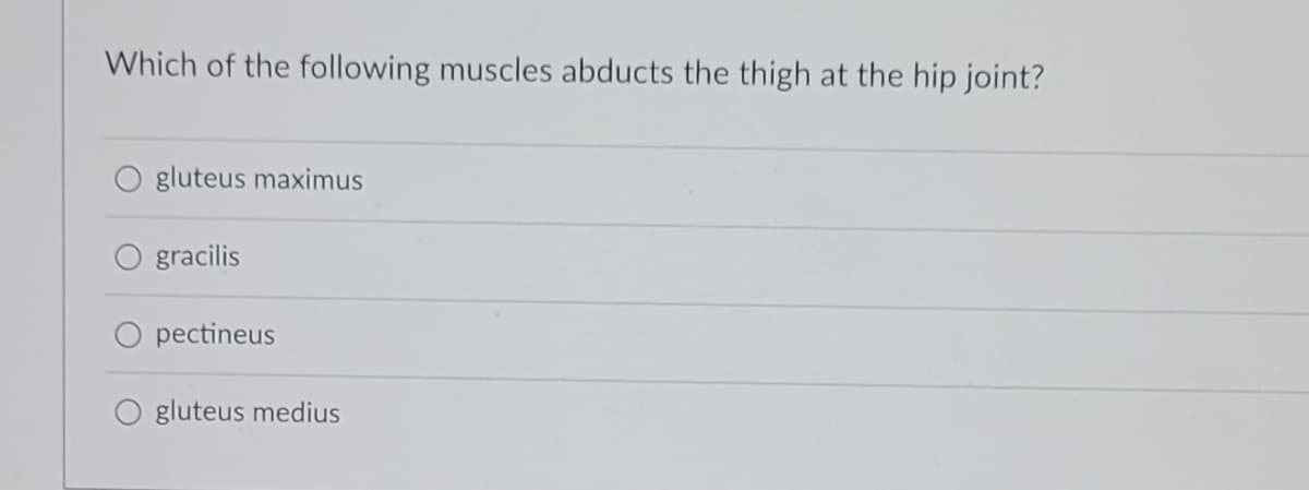 Which of the following muscles abducts the thigh at the hip joint?
O gluteus maximus
O gracilis
O pectineus
O gluteus medius