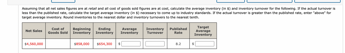 Assuming that all net sales figures are at retail and all cost of goods sold figures are at cost, calculate the average inventory (in $) and inventory turnover for the following. If the actual turnover is
less than the published rate, calculate the target average inventory (in $) necessary to come up to industry standards. If the actual turnover is greater than the published rate, enter "above" for
target average inventory. Round inventories to the nearest dollar and inventory turnovers to the nearest tenth.
Net Sales
$4,560,000
Cost of
Goods Sold
Beginning Ending
Inventory Inventory
$858,000 $654,300
Average
Inventory
$
Inventory Published
Turnover
Rate
8.2
Target
Average
Inventory