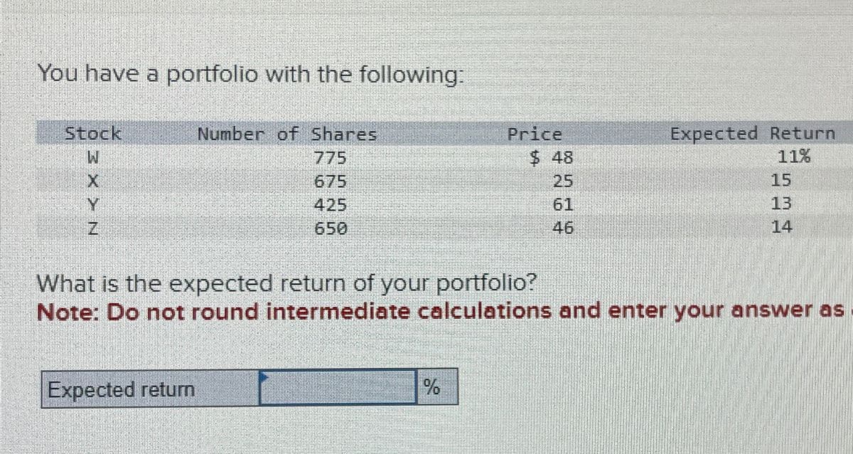 You have a portfolio with the following:
Stock
W
X
Y
Z
Number of Shares
775
675
425
650
Price
$ 48
25
61
46
Expected Return
11%
15
13
14
What is the expected return of your portfolio?
Note: Do not round intermediate calculations and enter your answer as
Expected return
%