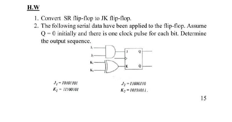 H.W
1. Convert SR flip-flop to JK flip-flop.
2. The following serial data have been applied to the flip-flop. Assume
Q = 0 initially and there is one clock pulse for each bit. Determine
the output sequence.
K
J,-10101 101
K, - I100101
J2 =11000110
K2 = 10101011.
15
