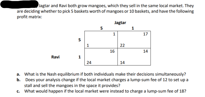 Jagtar and Ravi both grow mangoes, which they sell in the same local market. They
are deciding whether to pick 5 baskets worth of mangoes or 10 baskets, and have the following
profit matrix:
Jagtar
5
1
17
5
1
22
16
14
Ravi
1
24
14
a. What is the Nash equilibrium if both individuals make their decisions simultaneously?
b. Does your analysis change if the local market charges a lump-sum fee of 12 to set up a
stall and sell the mangoes in the space it provides?
c. What would happen if the local market were instead to charge a lump-sum fee of 18?
