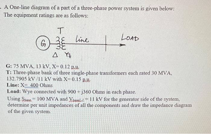 A One-line diagram of a part of a three-phase power system is given below:
The equipment ratings are as follows:
G
line
LOAD
ΔΥ
G: 75 MVA, 13 kV, X= 0.12 p.u.
T: Three-phase bank of three single-phase transformers each rated 30 MVA,
132.7905 kV /11 kV with X= 0.15 p.
Line: X= 400 Ohms
Load: Wye connected with 900 +j360 Ohms in each phase.
Using Shase 100 MVA and Ybasele 11 kV for the generator side of the system,
determine per unit impedances of all the components and draw the impedance diagram
of the given system.