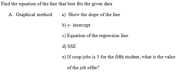 Find the equation of the line that best fits the given data
A. Graphical method:
a) Show the slope of the line
b) y- intercept
c) Equation of the regression line
d) SSE
e) If coop jobs is 3 for the fifth student, what is the value
of the job offer?
