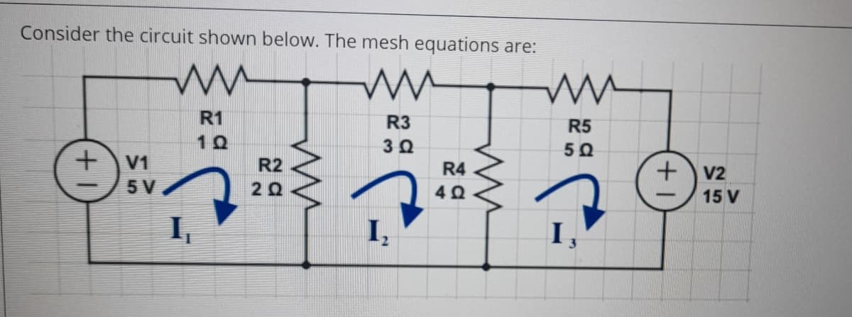 Consider the circuit shown below. The mesh equations are:
R1
R3
R5
30
50
V1
R2
R4
V2
5 V
15 V
I,
