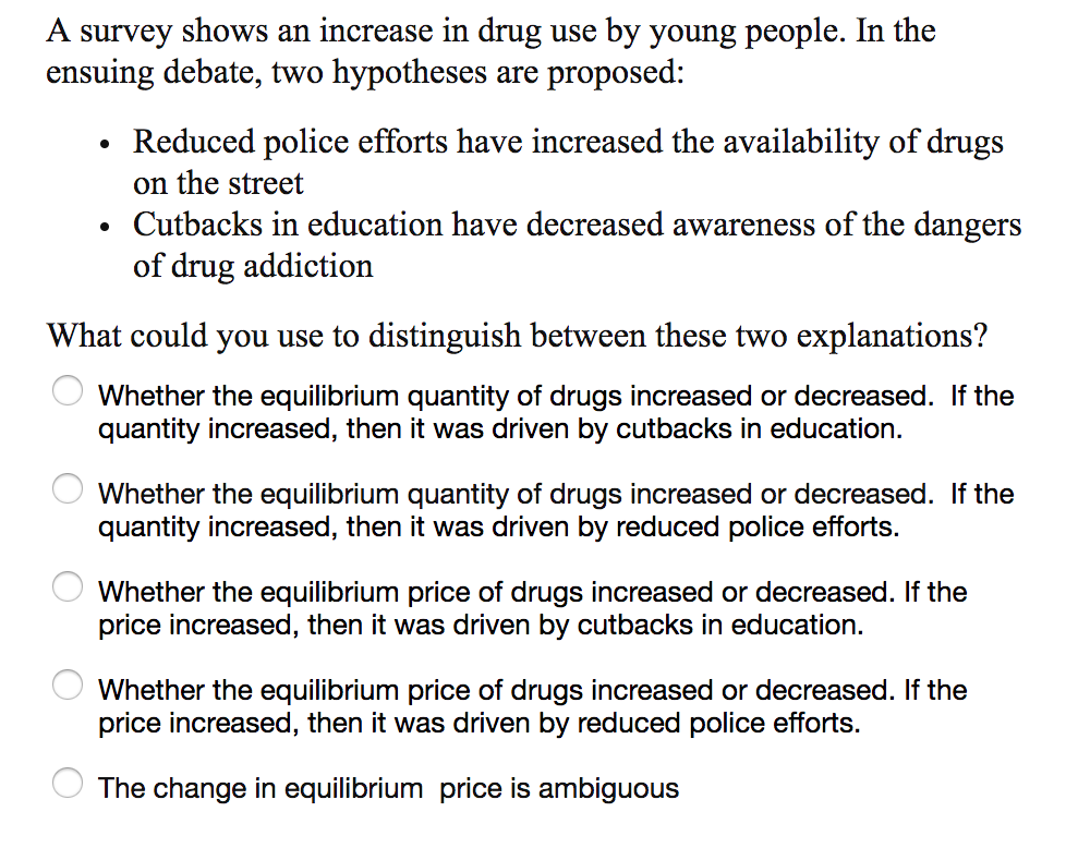 A survey shows an increase in drug use by young people. In the
ensuing debate, two hypotheses are proposed:
Reduced police efforts have increased the availability of drugs
on the street
Cutbacks in education have decreased awareness of the dangers
of drug addiction
What could you use to distinguish between these two explanations?
Whether the equilibrium quantity of drugs increased or decreased. If the
quantity increased, then it was driven by cutbacks in education
Whether the equilibrium quantity of drugs increased or decreased. If the
quantity increased, then it was driven by reduced police efforts.
Whether the equilibrium price of drugs increased or decreased. If the
price increased, then it was driven by cutbacks in education
Whether the equilibrium price of drugs increased or decreased. If the
price increased, then it was driven by reduced police efforts
The change in equilibrium price is ambiguous
