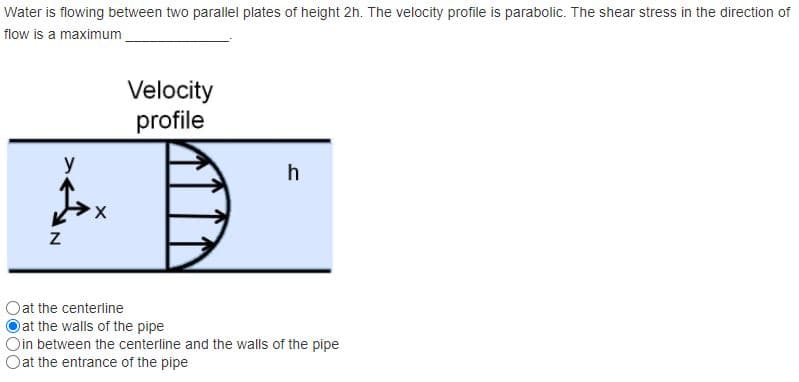 Water is flowing between two parallel plates of height 2h. The velocity profile is parabolic. The shear stress in the direction of
flow is a maximum
Velocity
profile
y
h
at the centerline
Dat the walls of the pipe
Oin between the centerline and the walls of the pipe
Oat the entrance of the pipe
