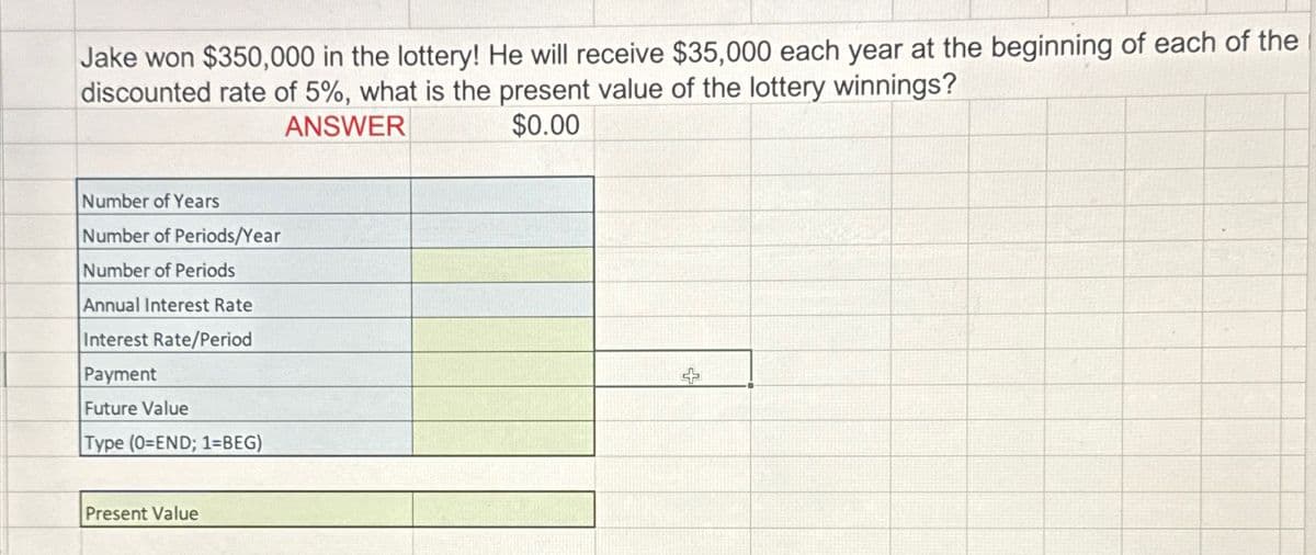 Jake won $350,000 in the lottery! He will receive $35,000 each year at the beginning of each of the
discounted rate of 5%, what is the present value of the lottery winnings?
$0.00
ANSWER
Number of Years
Number of Periods/Year
Number of Periods
Annual Interest Rate
Interest Rate/Period
Payment
Future Value
Type (0=END; 1=BEG)
Present Value