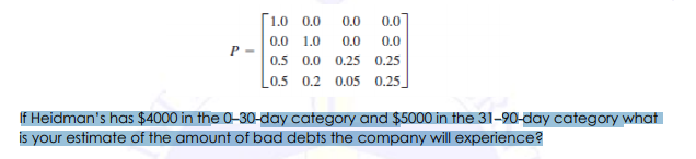 [1.0 0.0
0.0
0.0
0.0
1.0
0.0
0.0
0.5 0.0 0.25 0.25
L0.5 0.2 0.05 0.25]
If Heidman's has $4000 in the 0-30-day category and $5000 in the 31-90-day category what
is your estimate of the amount of bad debts the company will experience?
