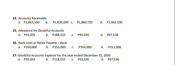 24. Accounts Receivable
a. P1,861,100
b.
P1,830,200 c.
P1,860,720
d. P1,461,100
25. Allowance for Doubtful Accounts
a. P93,055
b. P188,555
C.
P93,036
d.
P67,536
26. Bank Loan or Notes Payable - Bank
a. P350,000
b. P155,000
C.
P161,000
d.
P211,000
27. Doubtful Accounts Expense for the year ended December 31, 2005
b. Р118,555
a. P93,055
C.
P93,036
d.
P67,536
