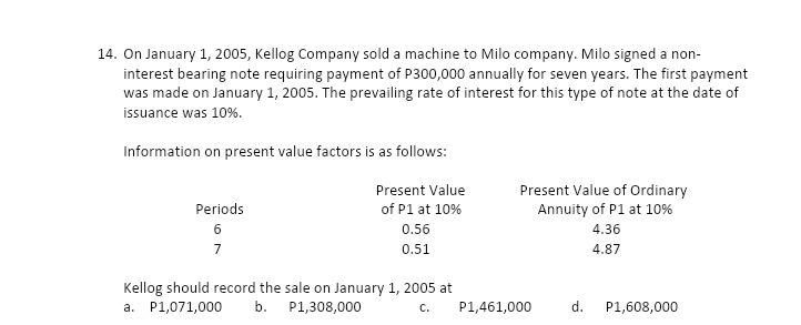 14. On January 1, 2005, Kellog Company sold a machine to Milo company. Milo signed a non-
interest bearing note requiring payment of P300,000 annually for seven years. The first payment
was made on January 1, 2005. The prevailing rate of interest for this type of note at the date of
issuance was 10%.
Information on present value factors is as follows:
Present Value of Ordinary
Annuity of P1 at 10%
Present Value
Periods
of P1 at 10%
6
0.56
4.36
7
0.51
4.87
Kellog should record the sale on January 1, 2005 at
a. P1,071,000
b.
P1,308,000
C.
P1,461,000
d.
P1,608,000
