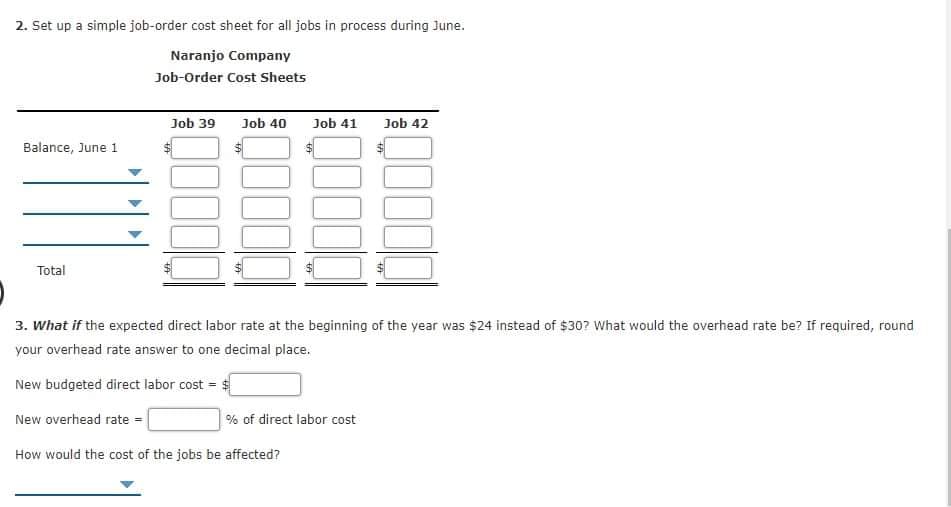 2. Set up a simple job-order cost sheet for all jobs in process during June.
Naranjo Company
Job-Order Cost Sheets
Job 39
Job 40
Job 41
Job 42
Balance, June 1
Total
3. What if the expected direct labor rate at the beginning of the year was $24 instead of $30? What would the overhead rate be? If required, round
your overhead rate answer to one decimal place.
New budgeted direct labor cost = $
New overhead rate =
% of direct labor cost
How would the cost of the jobs be affected?
