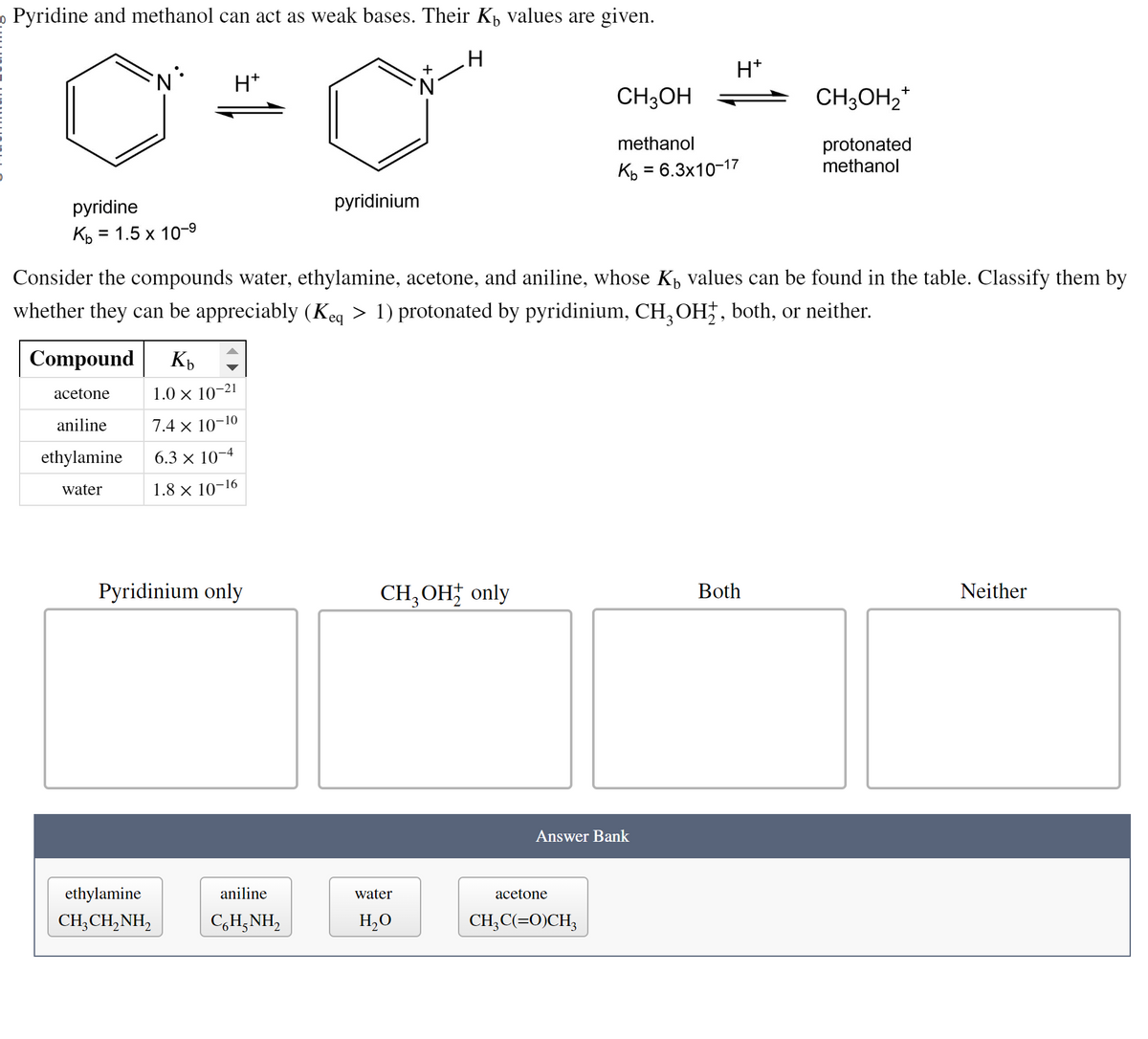 。 Pyridine and methanol can act as weak bases. Their Kü values are given.
H
pyridine
Kb = 1.5 x 10-⁹
Compound Kb
acetone
aniline
ethylamine
water
H*
1.0 × 10-21
7.4 x 10-10
6.3 × 10-4
1.8 × 10-16
Pyridinium only
ethylamine
CH,CH,NH,
Consider the compounds water, ethylamine, acetone, and aniline, whose Kü values can be found in the table. Classify them by
whether they can be appreciably (Keq > 1) protonated by pyridinium, CH₂OH, both, or neither.
aniline
CH,NH,
N
pyridinium
CH₂OH only
water
H₂O
CH3OH
acetone
CH3C(=O)CH3
H*
methanol
Kb = 6.3x10-17
Answer Bank
CH3OH₂+
protonated
methanol
Both
Neither