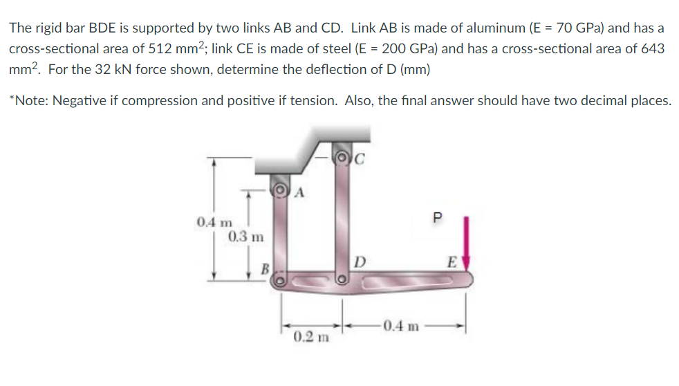 The rigid bar BDE is supported by two links AB and CD. Link AB is made of aluminum (E = 70 GPa) and has a
cross-sectional area of 512 mm2; link CE is made of steel (E = 200 GPa) and has a cross-sectional area of 643
mm?. For the 32 kN force shown, determine the deflection of D (mm)
*Note: Negative if compression and positive if tension. Also, the final answer should have two decimal places.
O A
0.4 m
0.3 m
E
B
0.4 m
0.2 m
