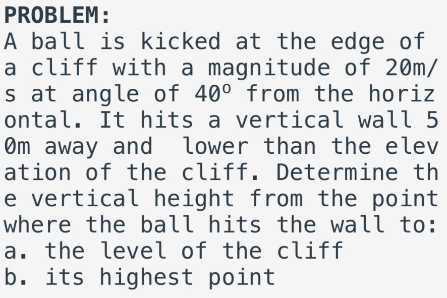 PROBLEM:
A ball is kicked at the edge of
a cliff with a magnitude of 20m/
s at angle of 40° from the horiz
ontal. It hits a vertical wall 5
Øm away and
ation of the cliff. Determine th
lower than the elev
e vertical height from the point
where the ball hits the wall to:
a. the level of the cliff
b. its highest point
