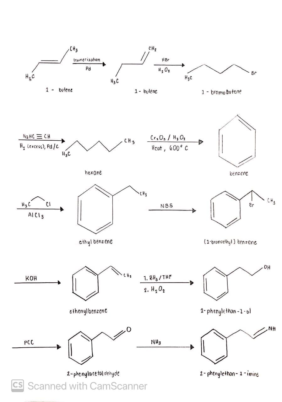 CH3
CH2
Isomerizahon
Pd
Br
H3C
H3 C
2 - butene
1- bulene
1 - bromo butene
No HC = CH
Cr.0s / H, O,
600° C
CH3
H, Cexcess), Pd/C
H,C
Heat,
hexane
benzene
CH3
CH3
H3C
CI
NBS
Br
AICI3
ethyl benzene
(1-bromoethyl) benzene
HO
CH2
KOH
1. 8H3/THF
2. H, 02
ethenylbenzene
2- phenylethan -1-ol
HN
PCC
NH3
2-phenylacetol dehyde
2- phenylethan- 1 - imine
CS Scanned with CamScanner
