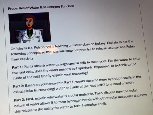 Properties of Water & Membrane Function
Dr. Isley (a.k.a. Poison Ivy) is teaching a master class on botany. Explain to her the
following concepts so that she will keep her promise to release Batman and Robin
from captivity!
Part 1: Plants absorb water through special cells in their roots. For the water to enter
the root cells, does the water need to be hypertonic, hypotonic, or isotonic to the
inside of the cell? Briefly explain your reasoning?
Part 2: Based on your answer in Part 1, would there be more hydration shells in the
extracellular (surrounding) water or inside of the root cells? (one word answer)
Part 3: First, explain why water is a polar molecule. Then, discuss how the polar
nature of water allows it to form hydrogen bonds with other polar molecules and how
this relates to the ability for water to form hydration shells.
