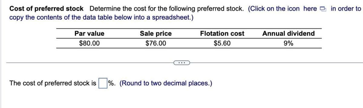 Cost of preferred stock Determine the cost for the following preferred stock. (Click on the icon here in order to
copy the contents of the data table below into a spreadsheet.)
Par value
$80.00
Sale price
$76.00
Flotation cost
Annual dividend
$5.60
9%
The cost of preferred stock is %. (Round to two decimal places.)