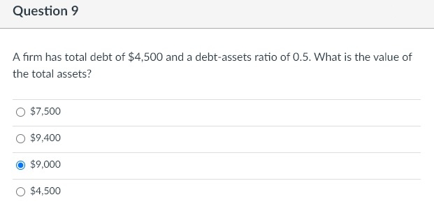 Question 9
A firm has total debt of $4,500 and a debt-assets ratio of 0.5. What is the value of
the total assets?
$7,500
$9,400
$9,000
$4,500