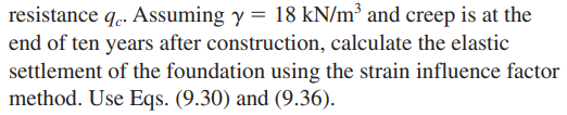 resistance qc. Assuming y = 18 kN/m³ and creep is at the
end of ten years after construction, calculate the elastic
settlement of the foundation using the strain influence factor
method. Use Eqs. (9.30) and (9.36).