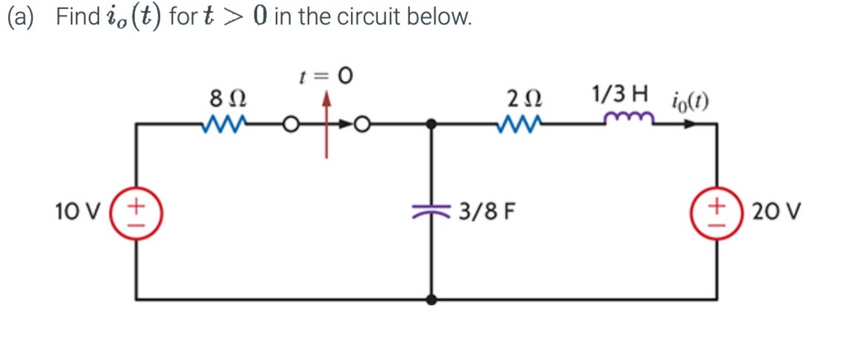 (a) Find io (t) fort > 0 in the circuit below.
t = 0
802
ww
10 V (+
202
www
1/3 H io(t)
3/8 F
+ 20 V