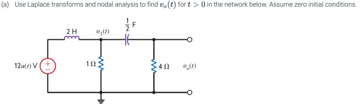 (a) Use Laplace transforms and nodal analysis to find vo(t) for t> 0 in the network below. Assume zero initial conditions.
F
2 H
v₁(t)
12u(t) V (+
19
342
v₁(t)