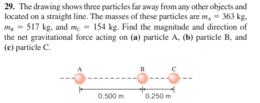 29. The drawing shows three particles far away from any other objects and
located on a straight line. The masses of these particles are ma = 363 kg,
mg = 517 kg, and me = 154 kg. Find the magnitude and direction of
the net gravitational force acting on (a) particle A, (b) particle B, and
(c) particle C.
0.500 m
0.250 m
