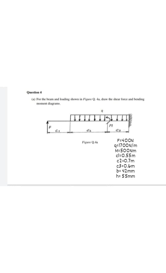 Question 4
(a) For the beam and loading shown in Figure Q. da, draw the shear force and bending
moment diagrams.
Ca
F=40ON
Figure QAa
q=170ON/m
M=500Nm
cl=0.55m
c2=0.7m
c3=0.6m
b= 42 mm
h= 55mm
