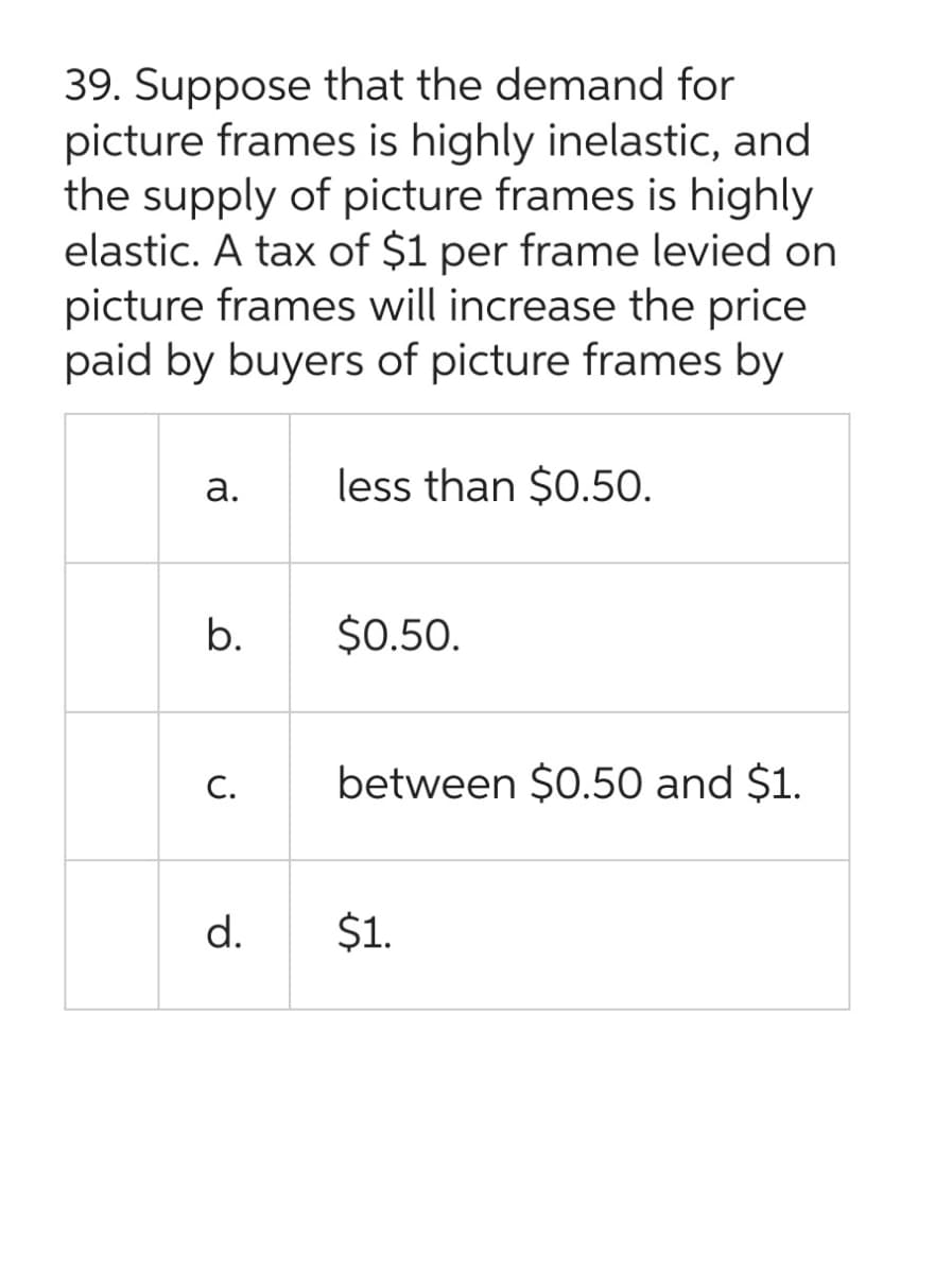 39. Suppose that the demand for
picture frames is highly inelastic, and
the supply of picture frames is highly
elastic. A tax of $1 per frame levied on
picture frames will increase the price
paid by buyers of picture frames by
a.
b.
C.
d.
less than $0.50.
$0.50.
between $0.50 and $1.
$1.