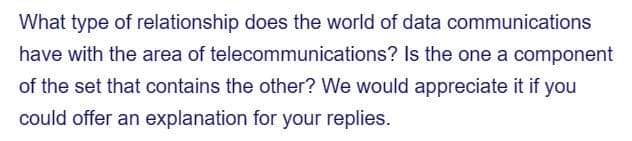 What type of relationship does the world of data communications
have with the area of telecommunications? Is the one a component
of the set that contains the other? We would appreciate it if you
could offer an explanation for your replies.