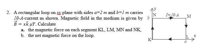 2. A rectangular loop on x plane with sides a=2 m and b=1 m carries
10-A-current as shown. Magnetic field in the medium is given by b
B = xk µT. Calculate
I= 10.4
M
a. the magnetic force on each segment KL, LM, MN and NK,
b. the net magnetic force on the loop.
K
